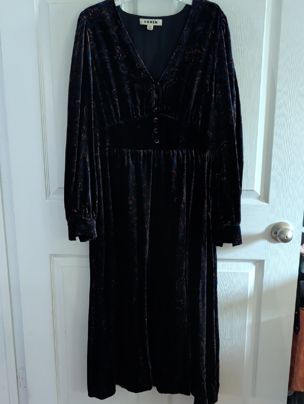Boden Navy Paisley Velvet Long-Sleeve V-Neck Dress
